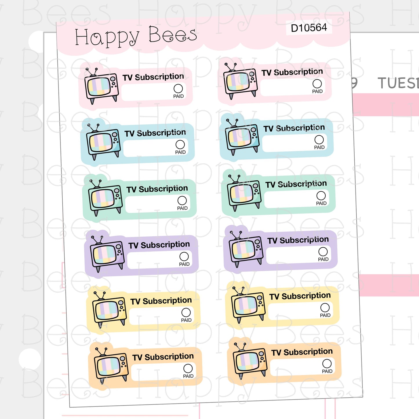 TV Subscription Bill Tracker Boxes - Cute Doodles Journal Planner Stickers D10564
