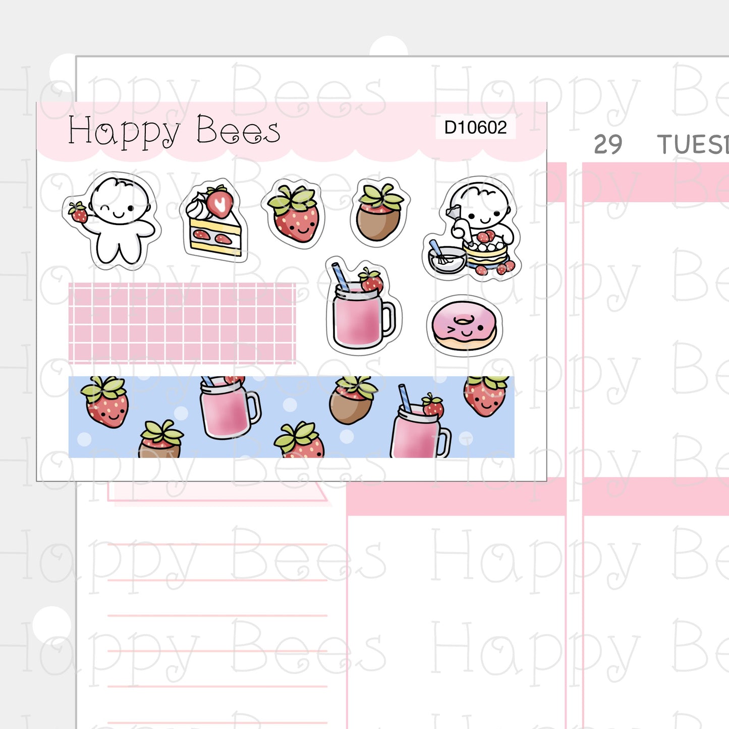 Strawberry Deco Sheet - Cute Doodles Planner Stickers D10602