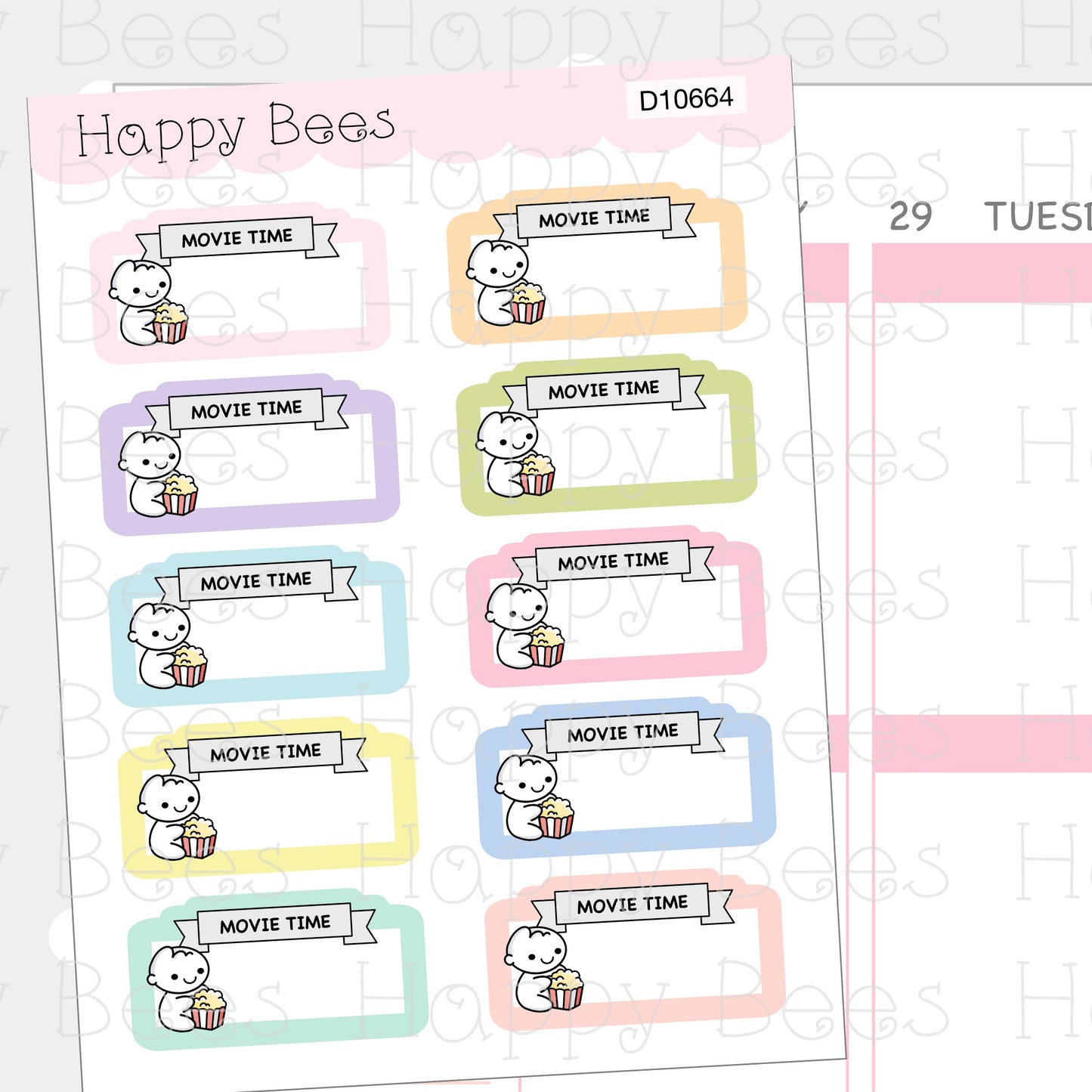 Movie Time Boxes - Cute Doodles Hobonichi Cousin Planner Stickers D10664