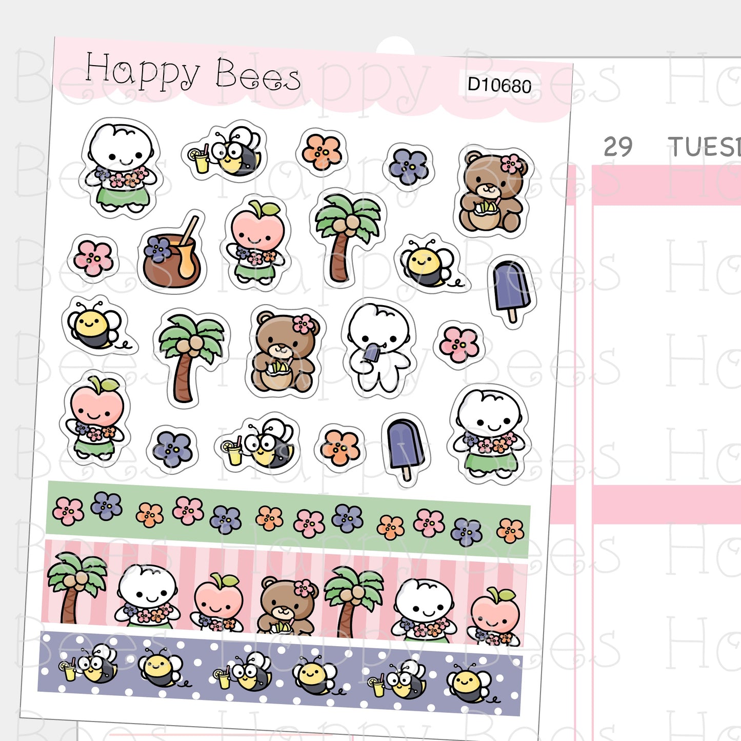 Aloha Washi & Deco Sheet - Cute Doodles Journal Planner Stickers D10680