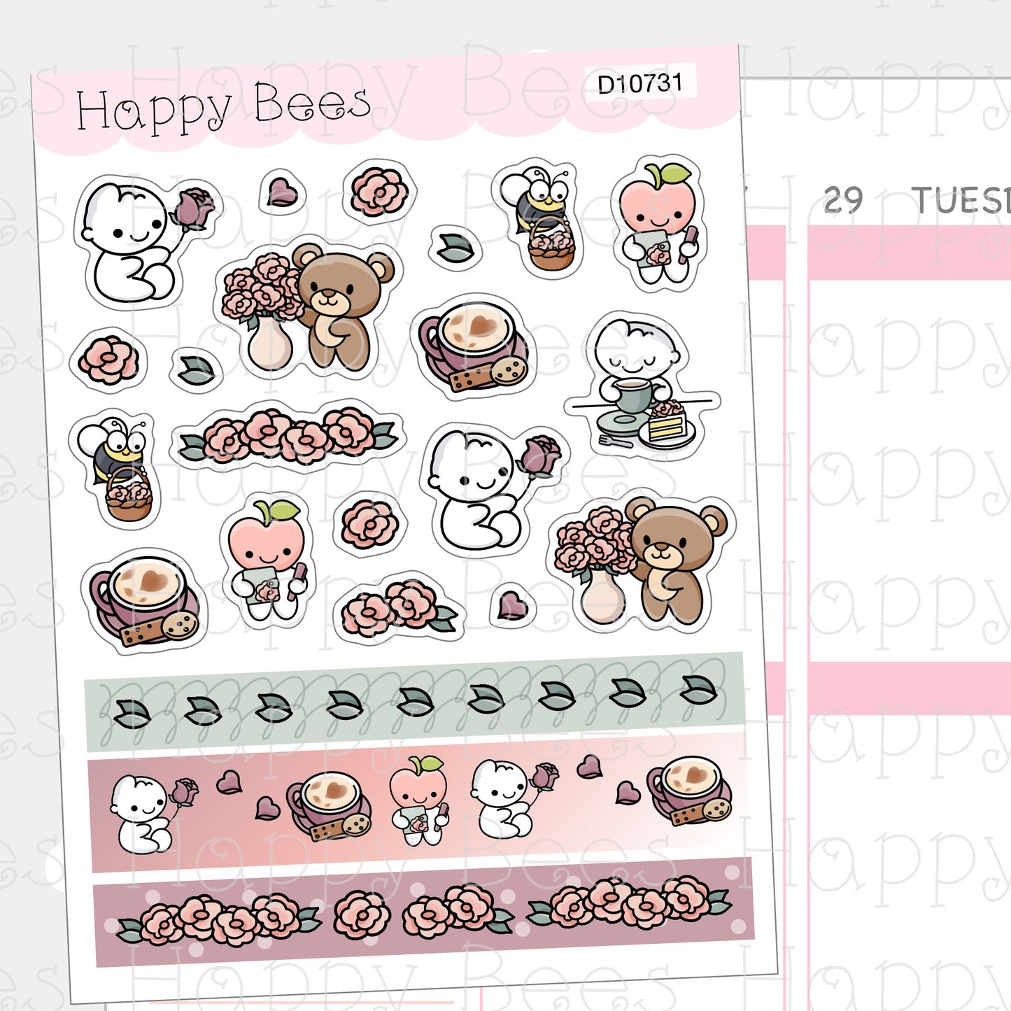 Rose Washi & Deco Sheet - Cute Doodles Journal Planner Stickers D10731