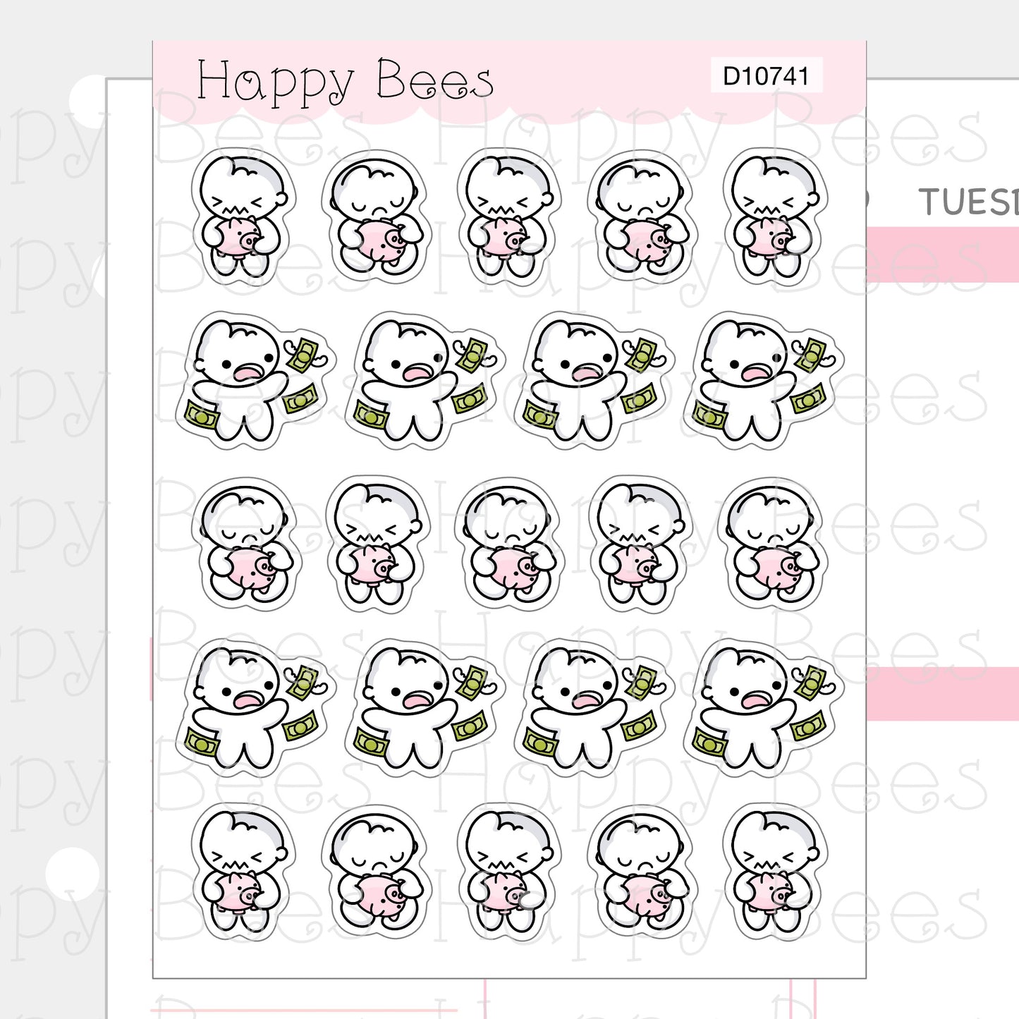 No Money Doodles - Cute Broke Finance Piggy Bank Planner Stickers D10741