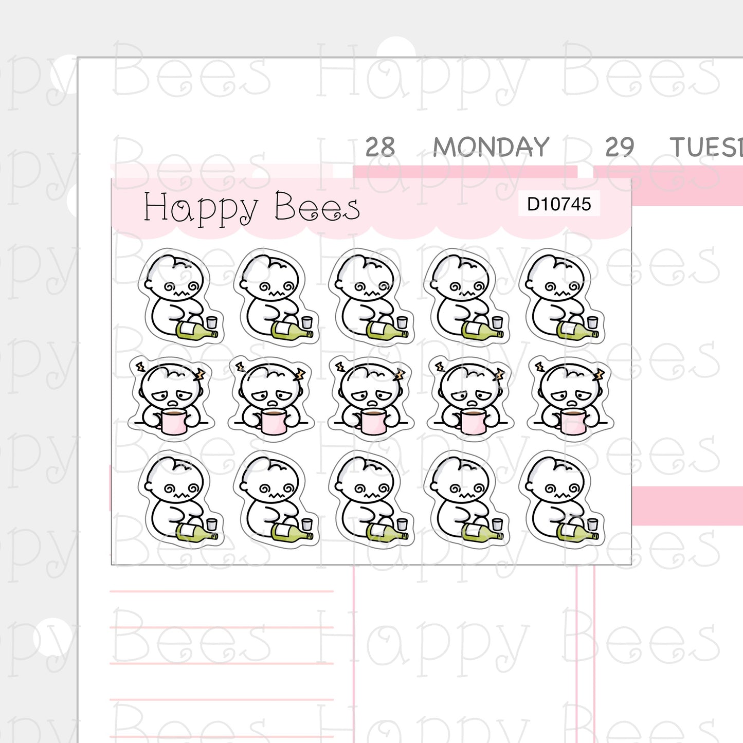 Hangover Doodles - Cute Drunk Alcohol Upset Mood Planner Stickers D10745