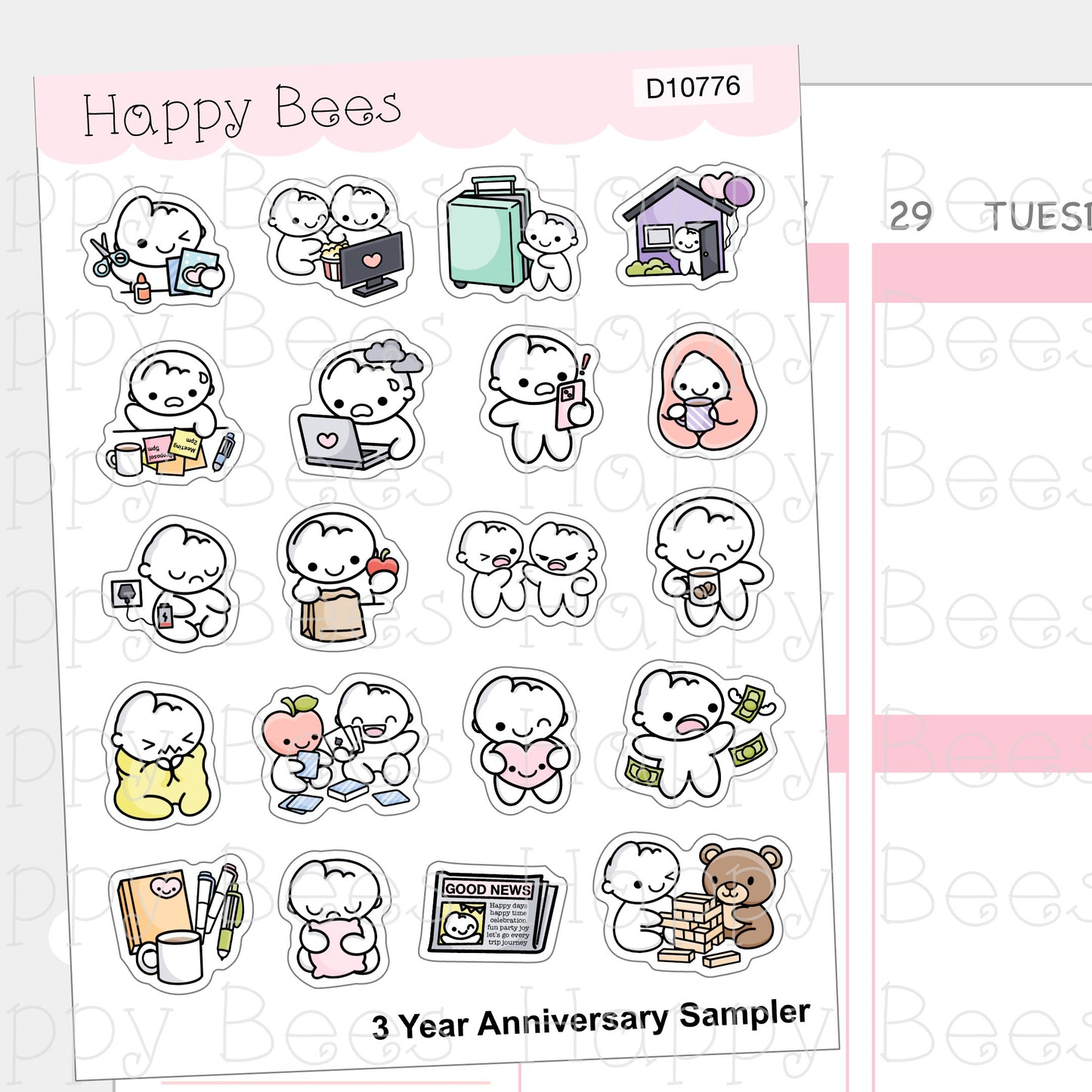 3 Year Anniversary Sampler - Cute Doodles Journal Planner Stickers D10776
