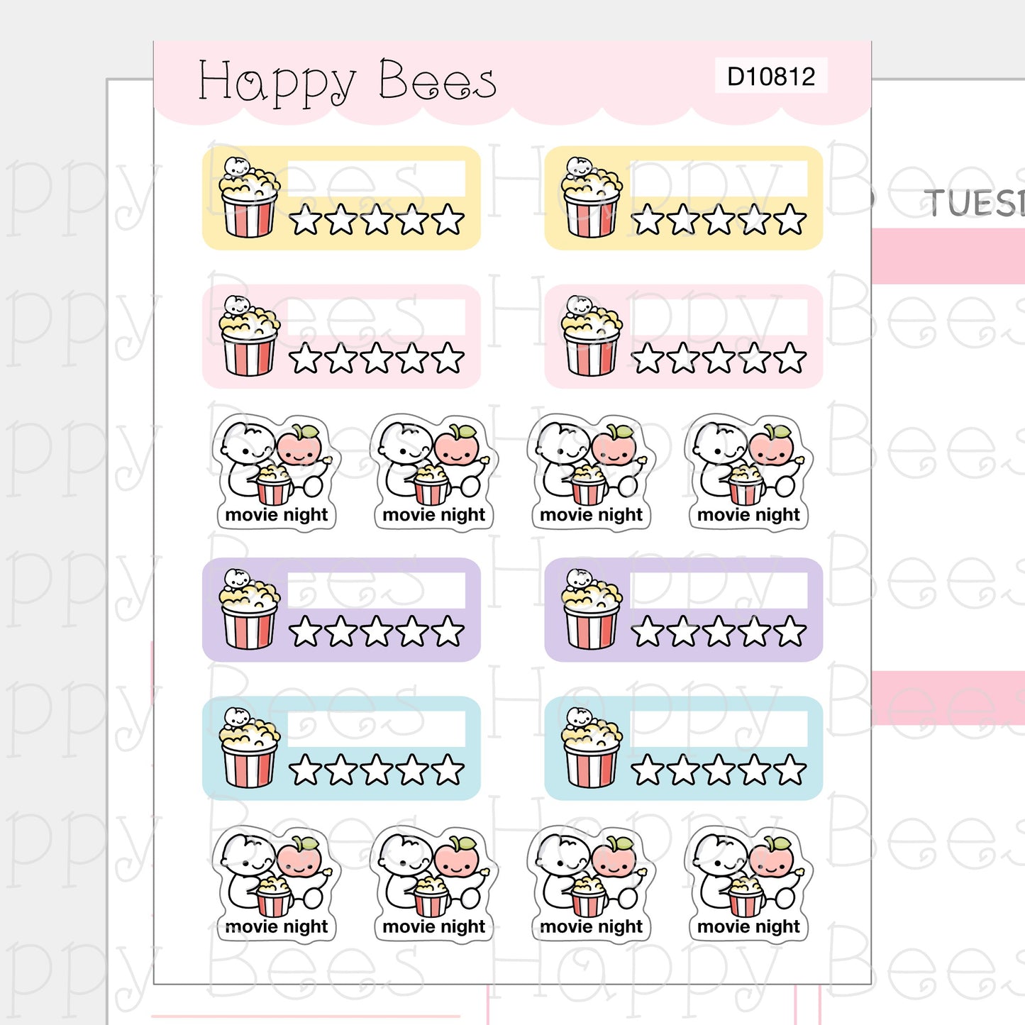 Movie Time & Rating Tracker Boxes - Cute Doodles Hobonichi Cousin Planner Stickers D10812