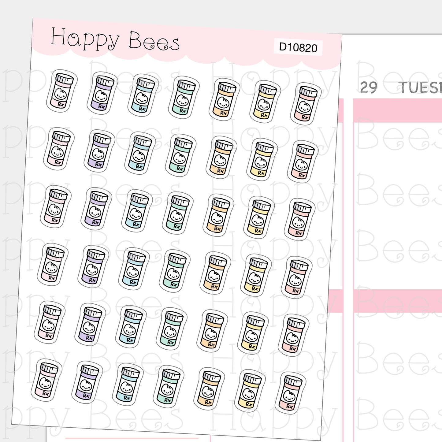 Pill Bottle Doodles - Cute Prescription Sick Self Care Planner Stickers D10820