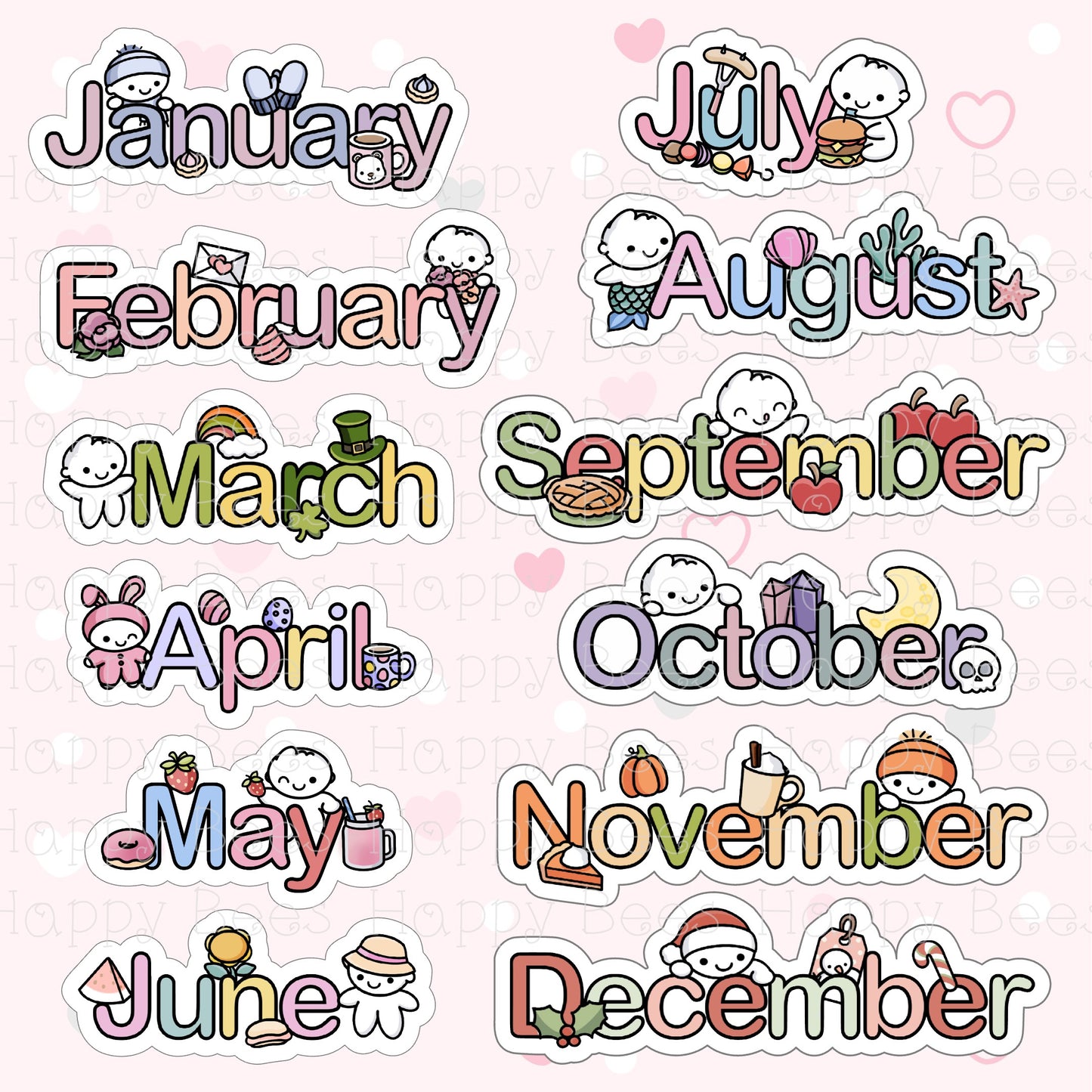 Months Die Cut Sticker Set - Cute Doodles Bullet Journal Planner Stickers DC10020