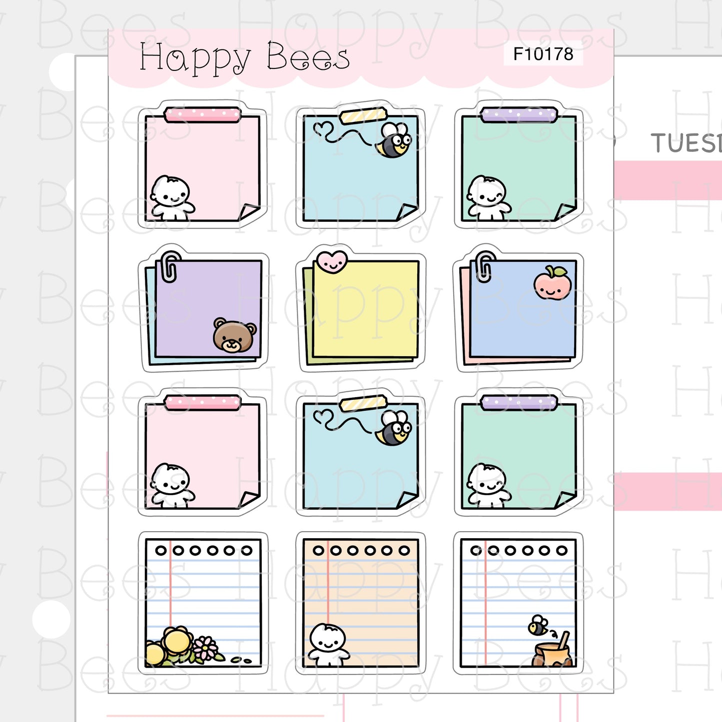 Happy Bees and Friends Sticky Notes - Cute Doodles Journal Planner Stickers F10178