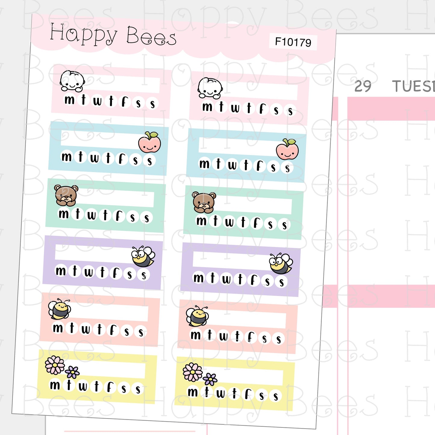 Happy Bees and Friends Habit Weekly Trackers - Cute Doodles Hobonichi Cousin Planner Stickers F10179