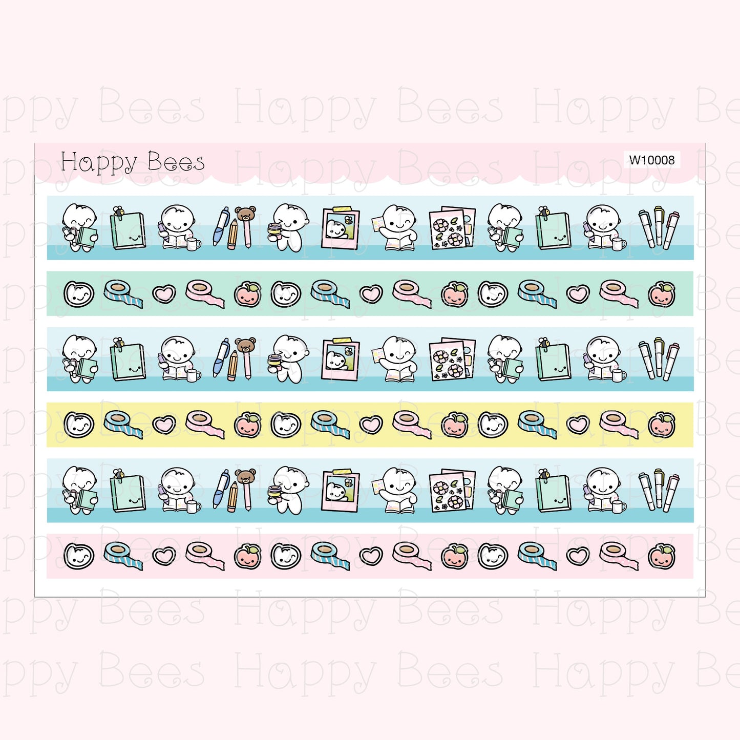 Journaling Washi Strips - Cute Doodles Planner Stickers W10008