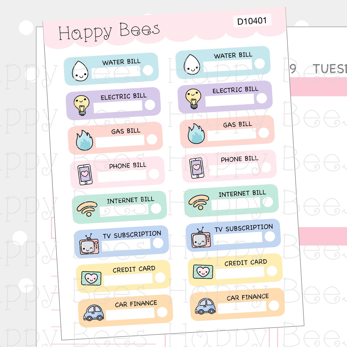 Bills Tracker Boxes - Cute Hobonichi Cousin Finance Doodles Planner Stickers D10401