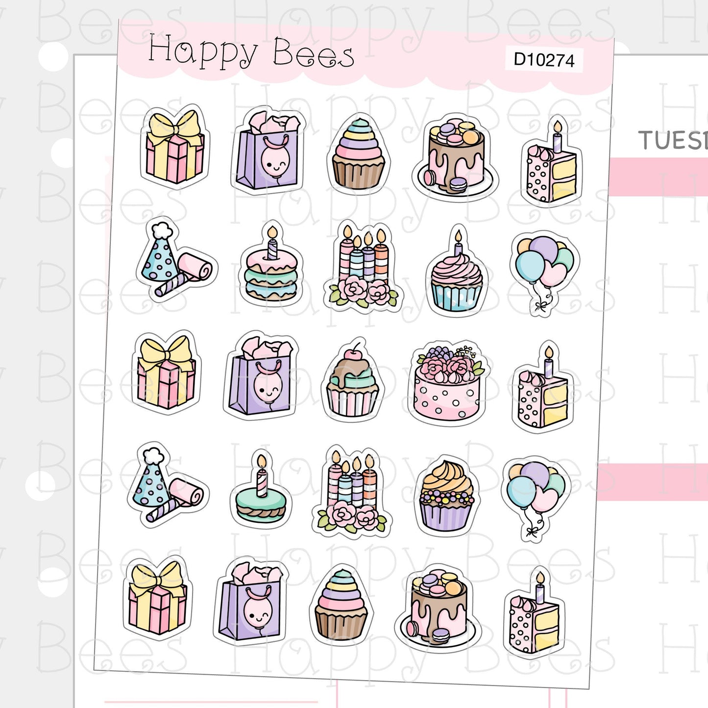 Birthday Doodles - Cute Cupcake Floral Planner Stickers D10274
