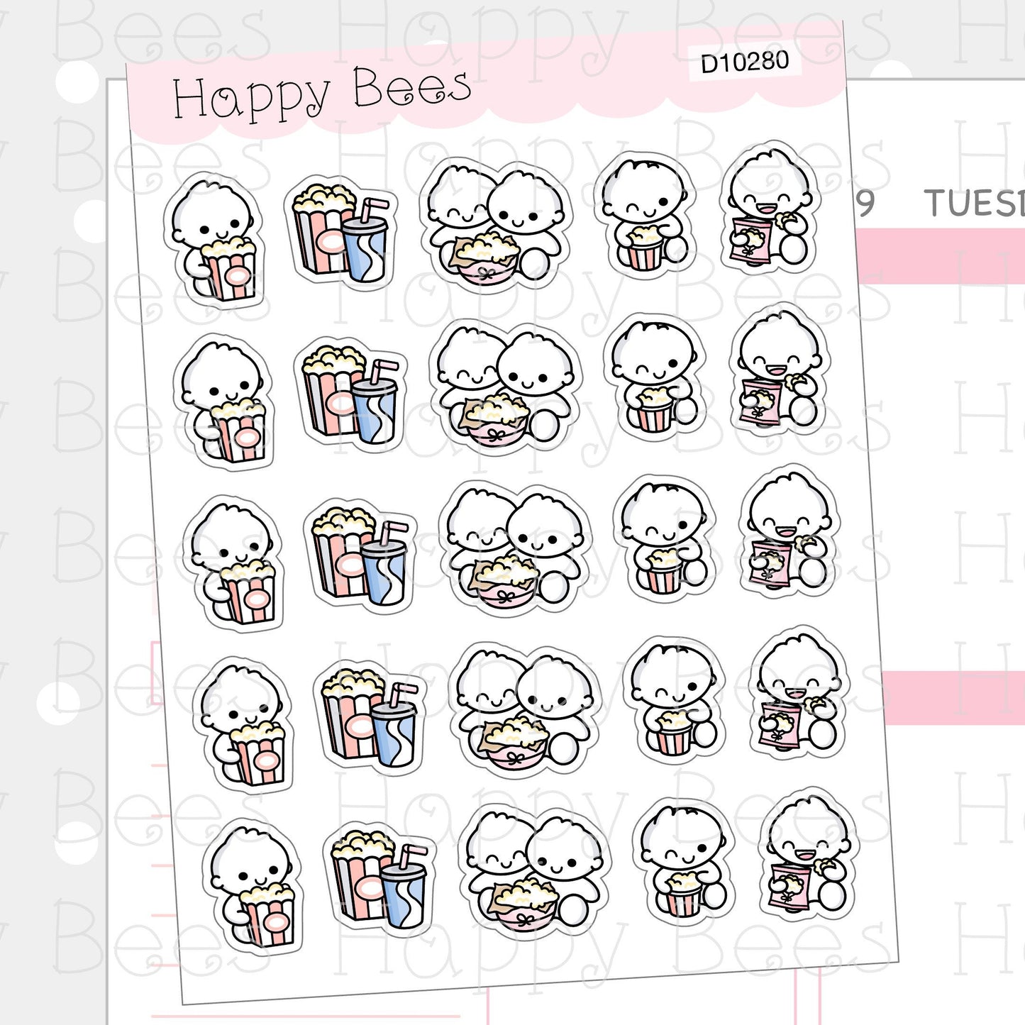 Movie Night Doodles - Cute Popcorn Planner Stickers D10280