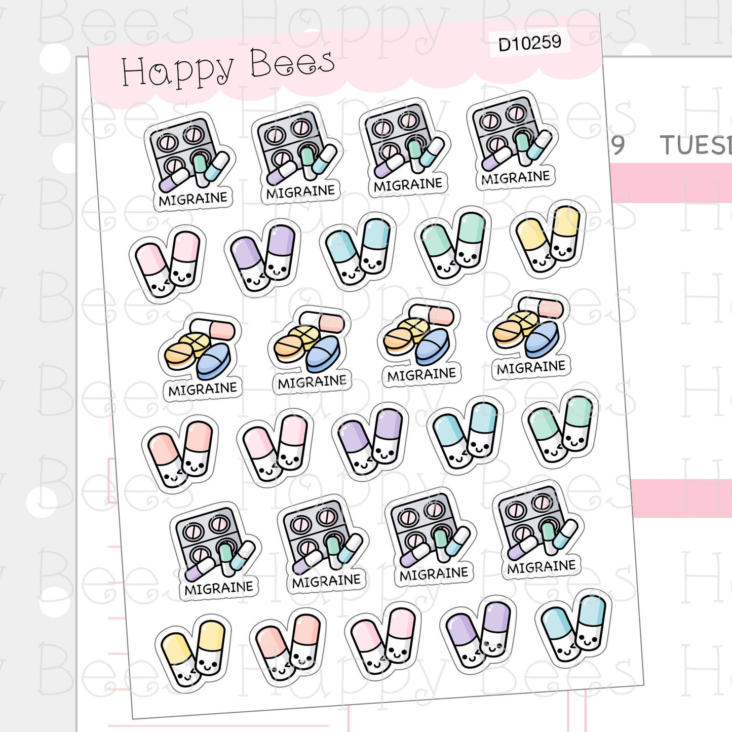 Migraine Doodles - Cute Health Medication Pills Planner Stickers D10259
