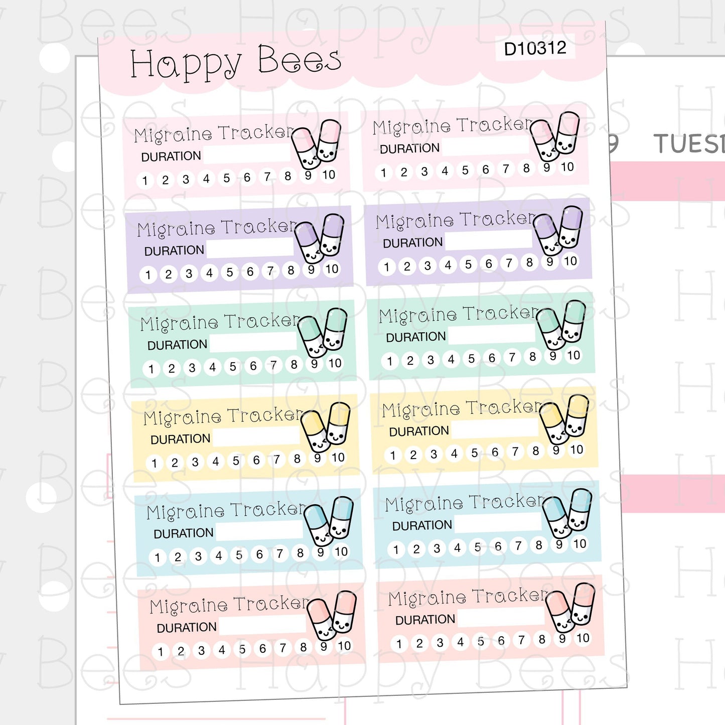 Migraine Tracker Boxes - Cute Doodles Medication Pills Planner Stickers D10312