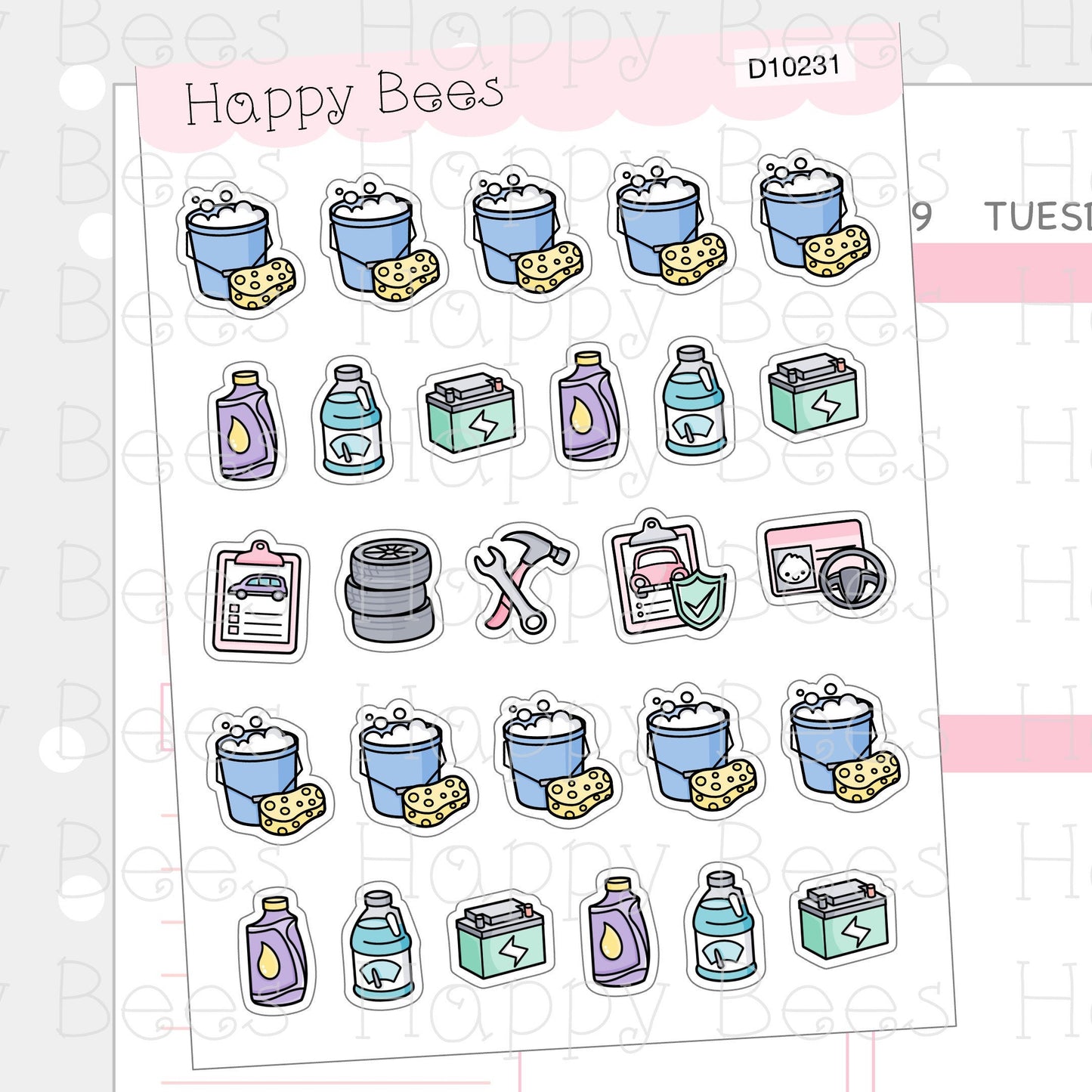 Car Maintenance Doodles - Cute Car Wash Planner Stickers D10231