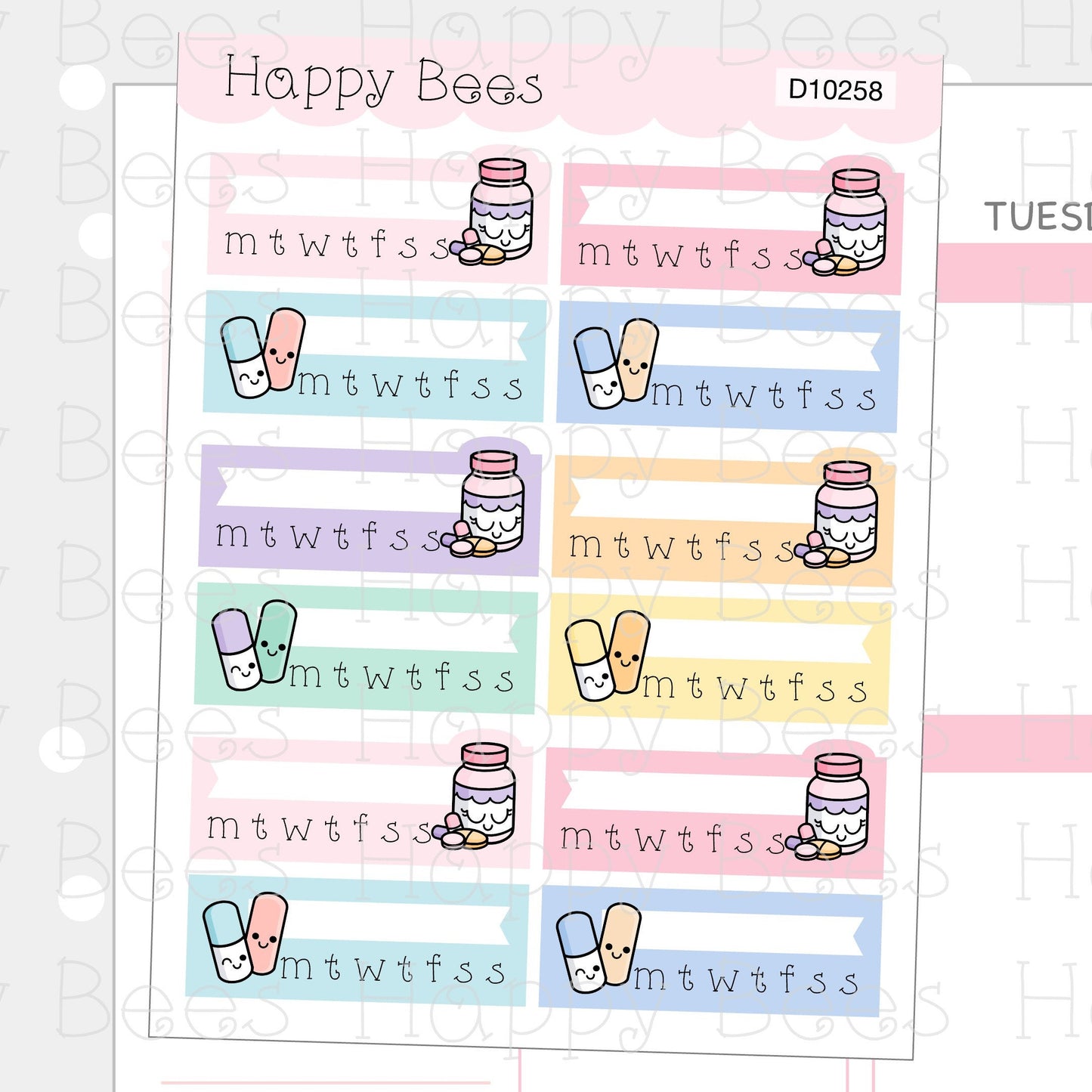 Vitamin Pills Tracker Boxes - Cute Doodles Health Planner Stickers D10258