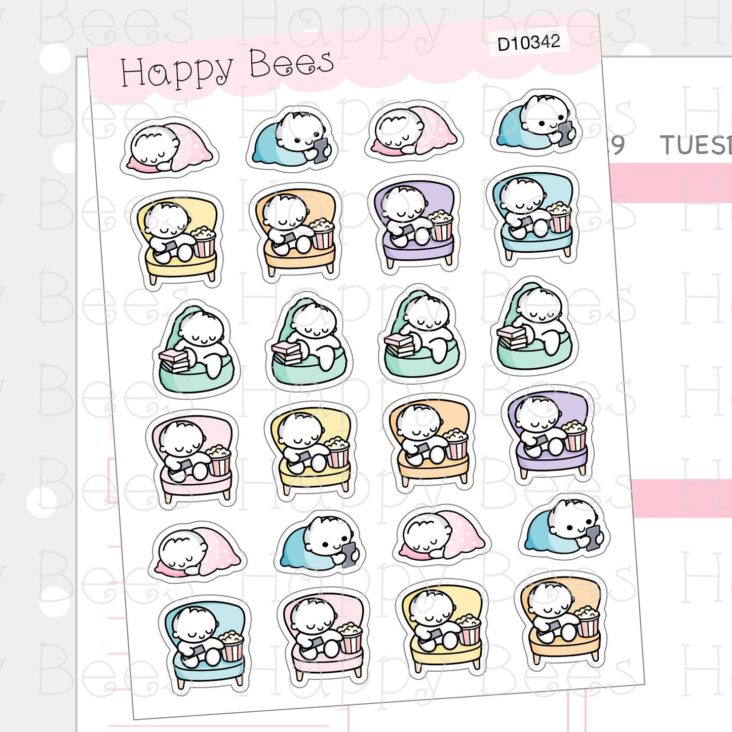 Lazy Day Doodles - Cute Sleepy Movie Time Planner Stickers D10342