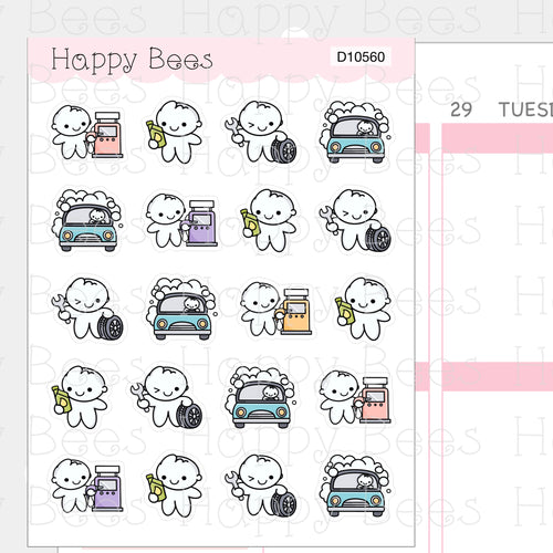 Car Maintenance Doodles Vol. 2 - Cute Car Wash  Gas Pump Planner Stickers D10560