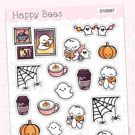 Halloween Cafe Deco Sheet - Cute Doodles Fall Journal Planner Stickers D10597