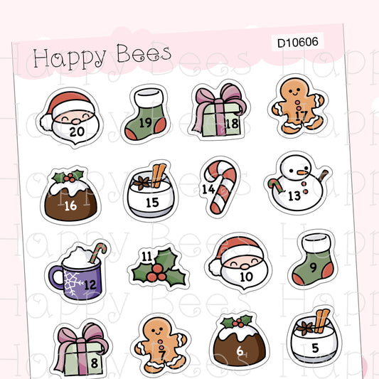 Christmas Countdown Doodles - Cute Winter Holiday Planner Stickers D10606