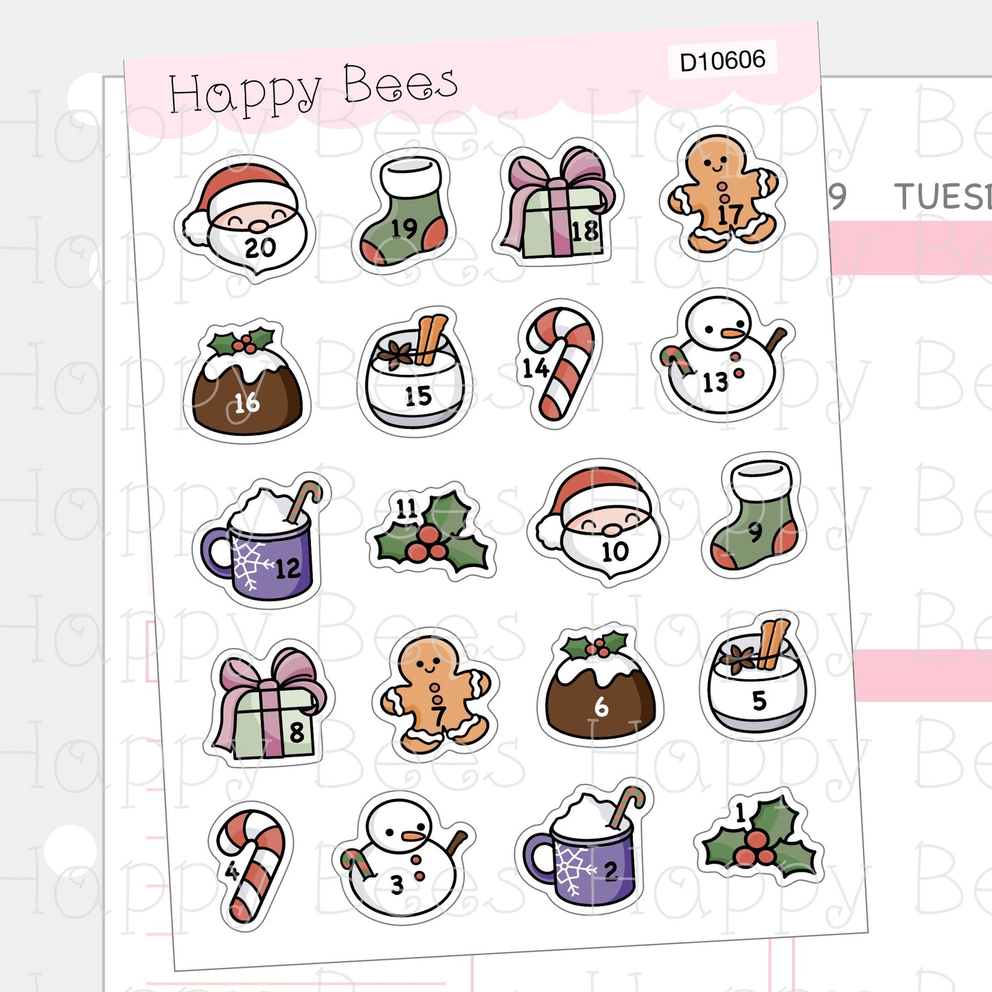 Christmas Countdown Doodles - Cute Winter Holiday Planner Stickers D10606