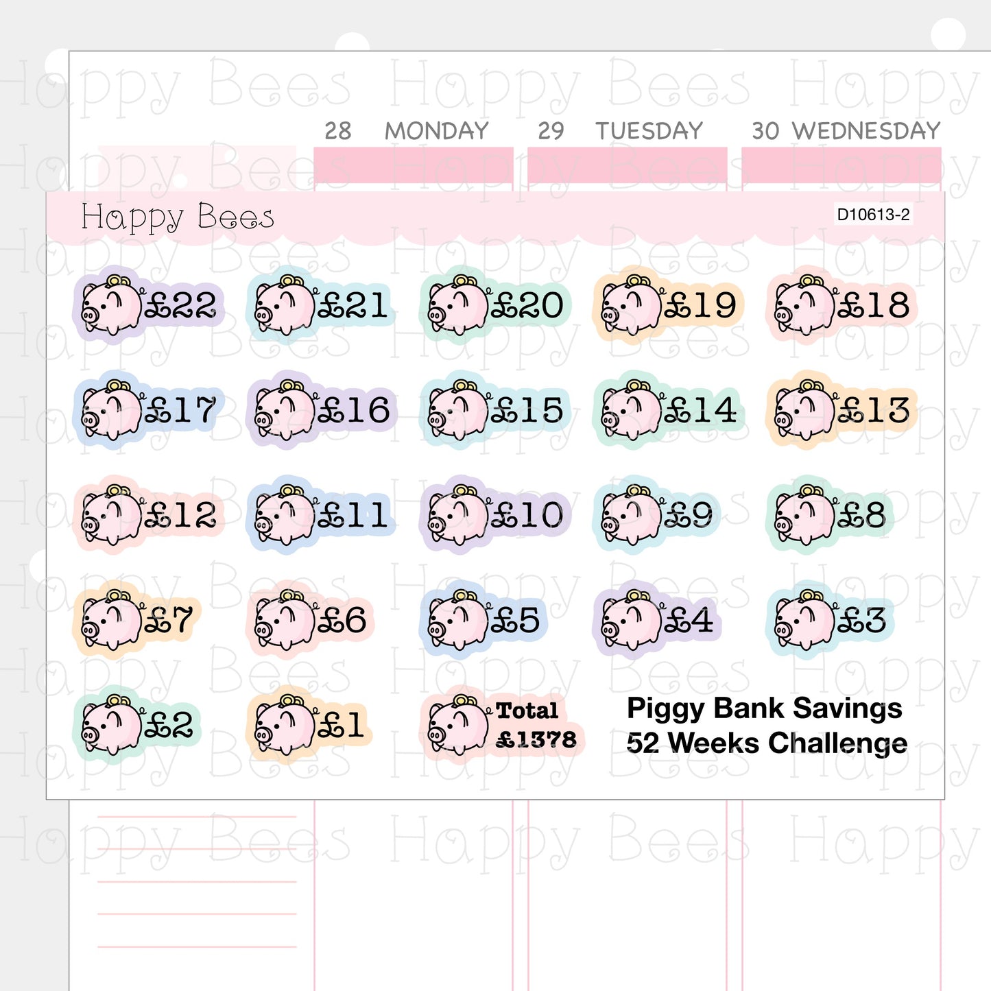 Piggy Bank Savings 52 Weeks Challenge - Cute Doodles Planner Stickers D10613