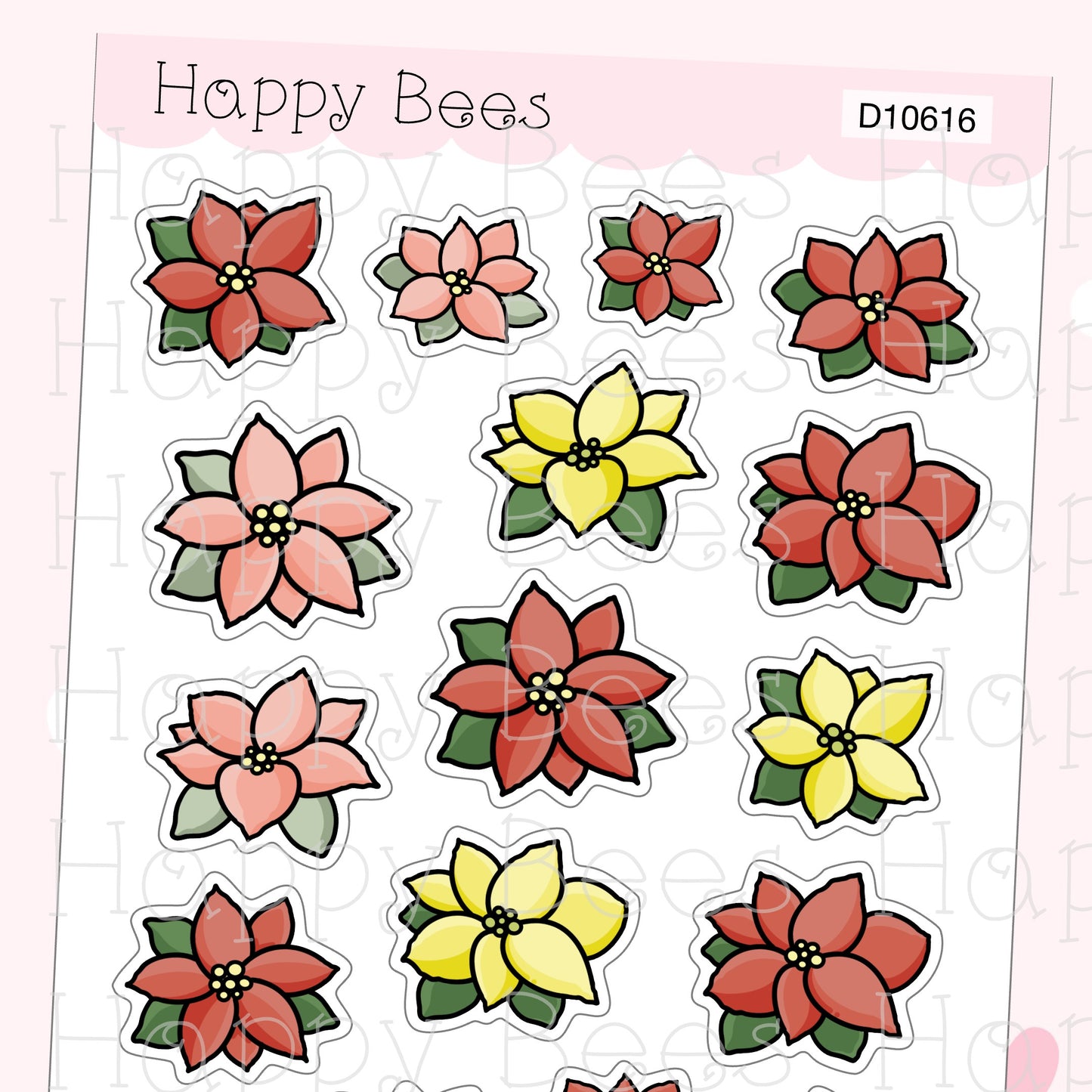 Poinsettias Doodles - Cute Christmas Floral Winter Holiday Planner Stickers D10616
