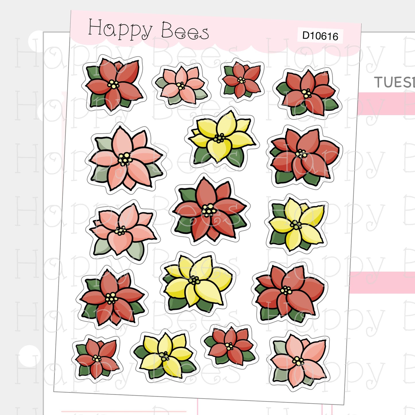 Poinsettias Doodles - Cute Christmas Floral Winter Holiday Planner Stickers D10616