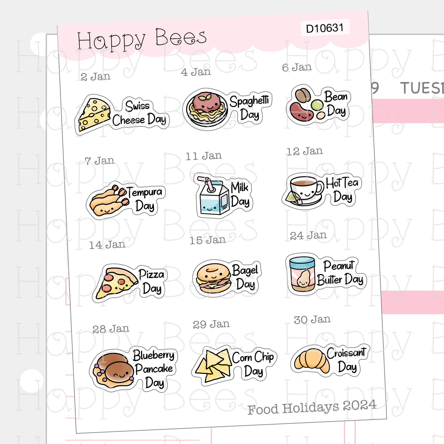 Food Holiday Doodles / January to March 2024 - Cute Festival Planner Stickers D10631