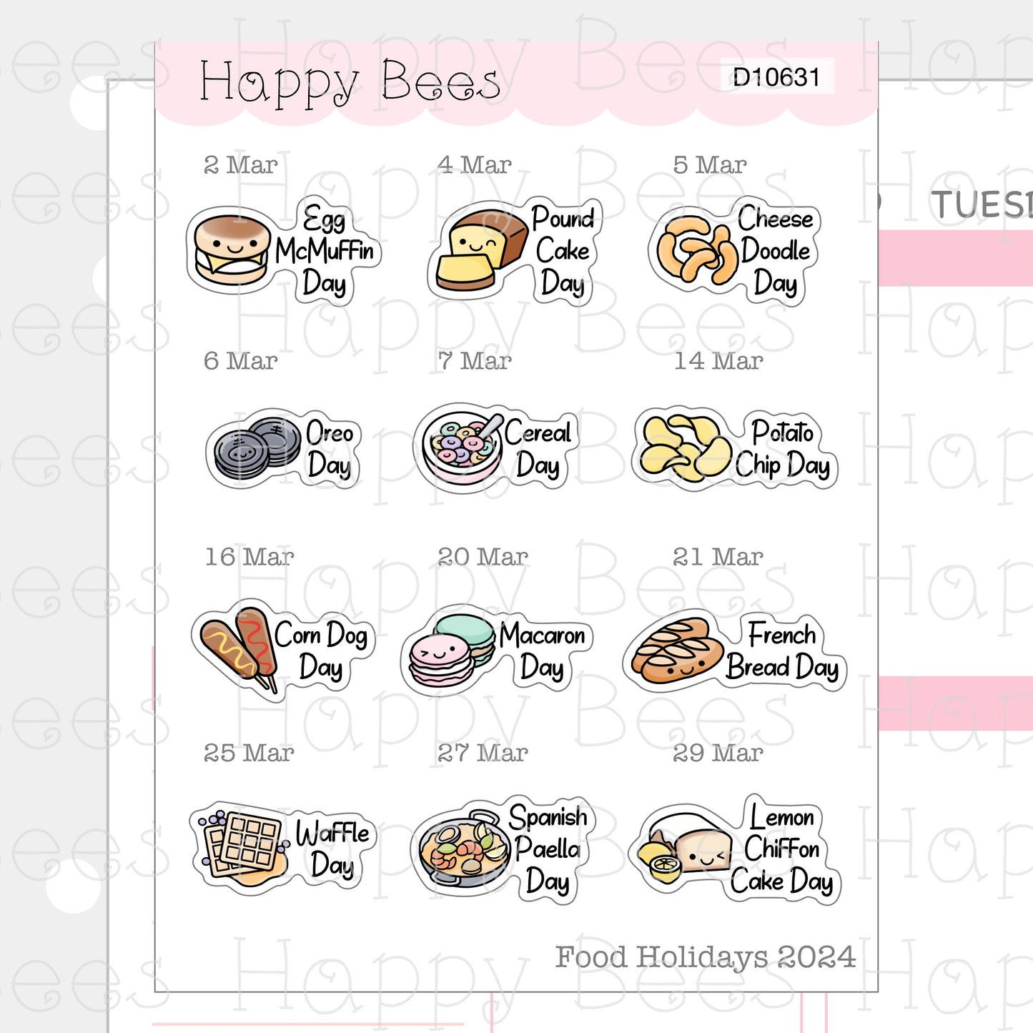 Food Holiday Doodles / January to March 2024 - Cute Festival Planner Stickers D10631