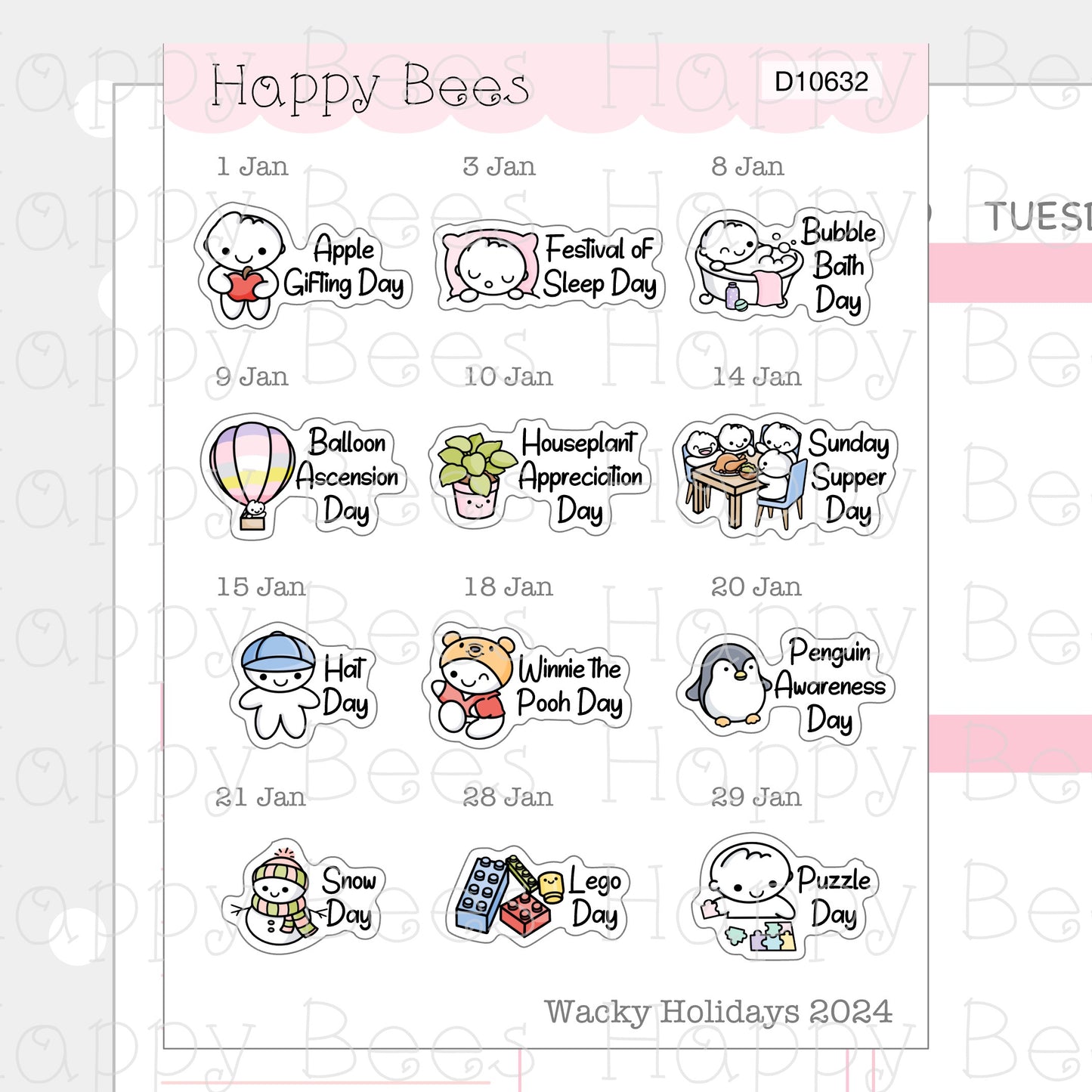 Wacky Holiday Doodles / January to March 2024 - Cute Journal Planner Stickers D10632