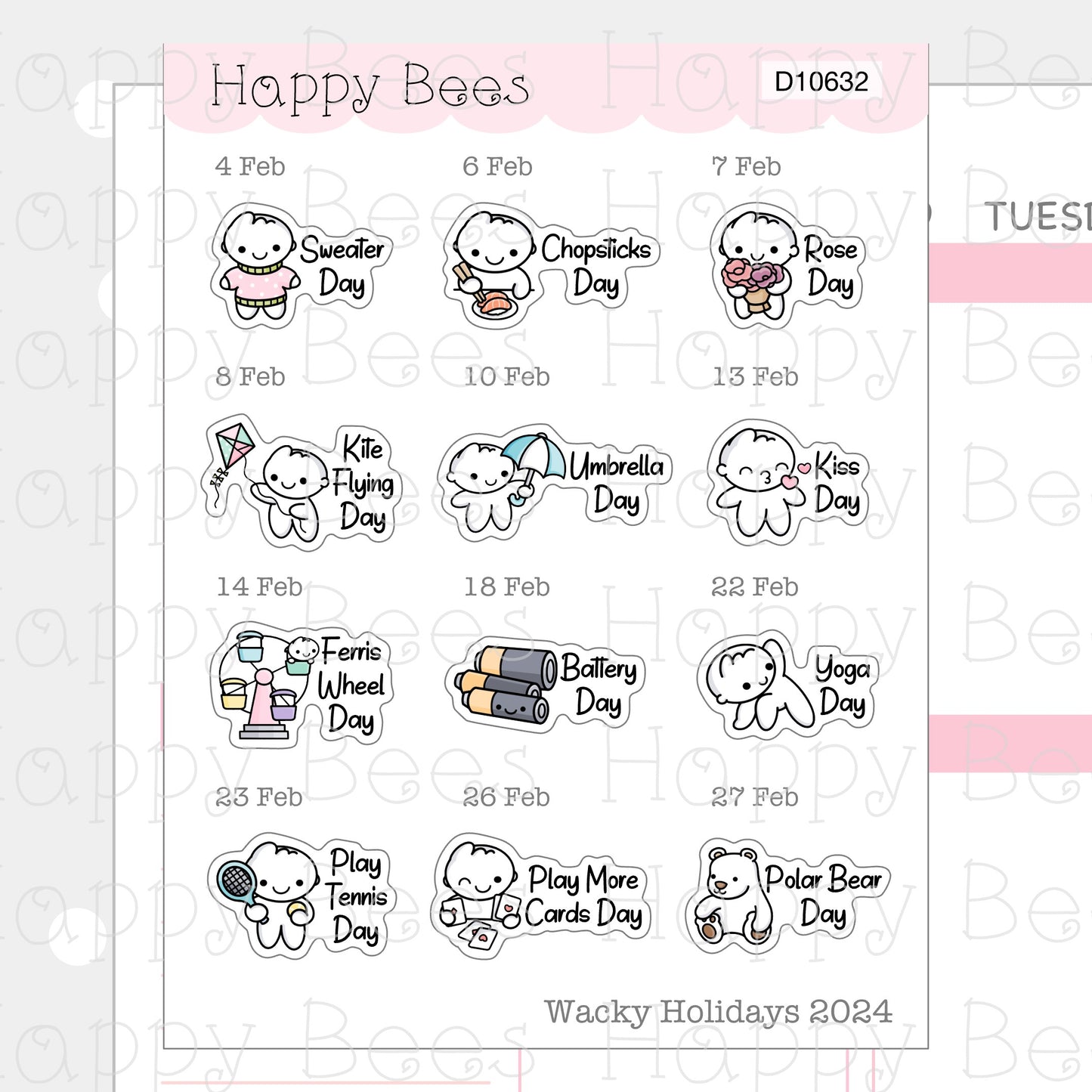 Wacky Holiday Doodles / January to March 2024 - Cute Journal Planner Stickers D10632