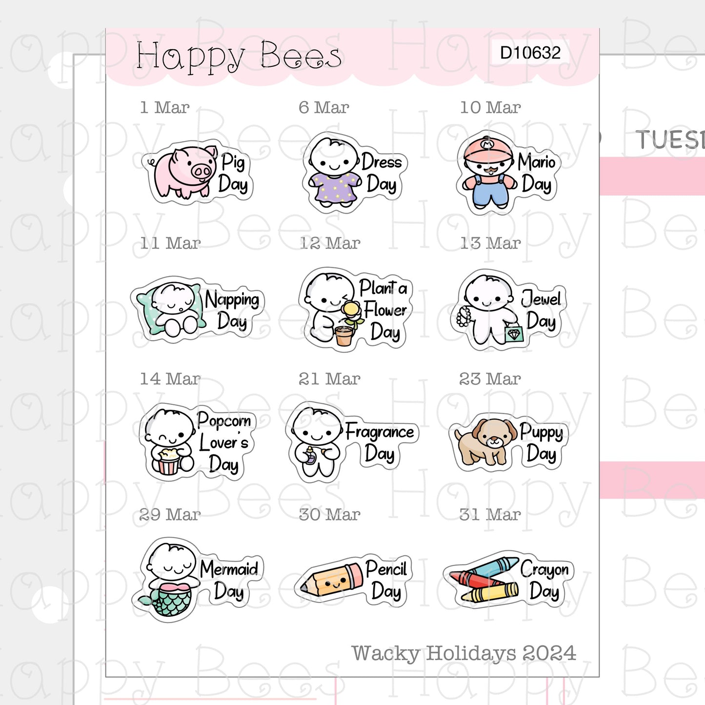 Wacky Holiday Doodles / January to March 2024 - Cute Journal Planner Stickers D10632