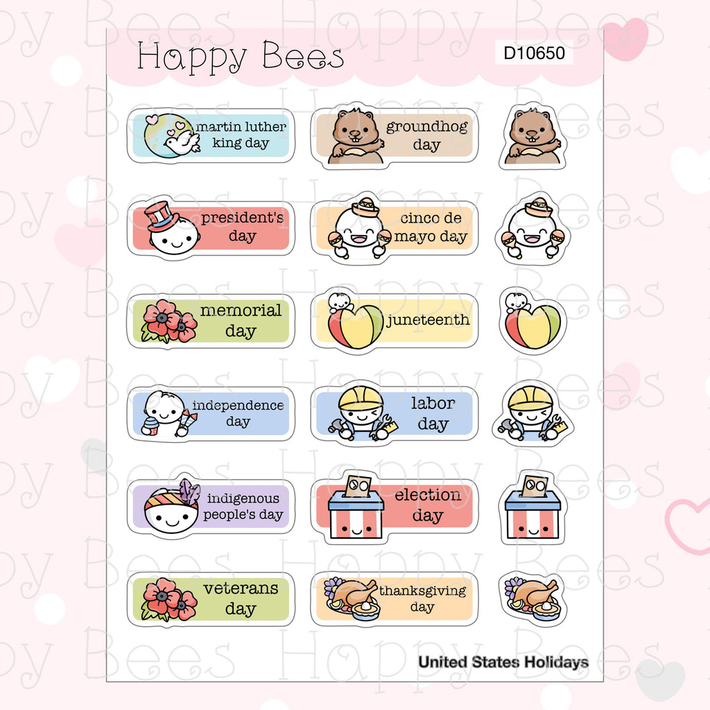 Supplemental Holidays - UK US Australia Canada Cute Functional Planner Stickers D10650