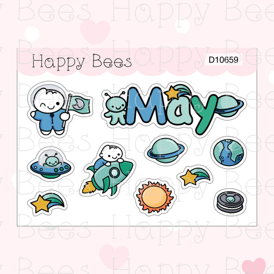 Space Adventure Deco Sheet / May - Cute Doodles Planner Stickers D10659