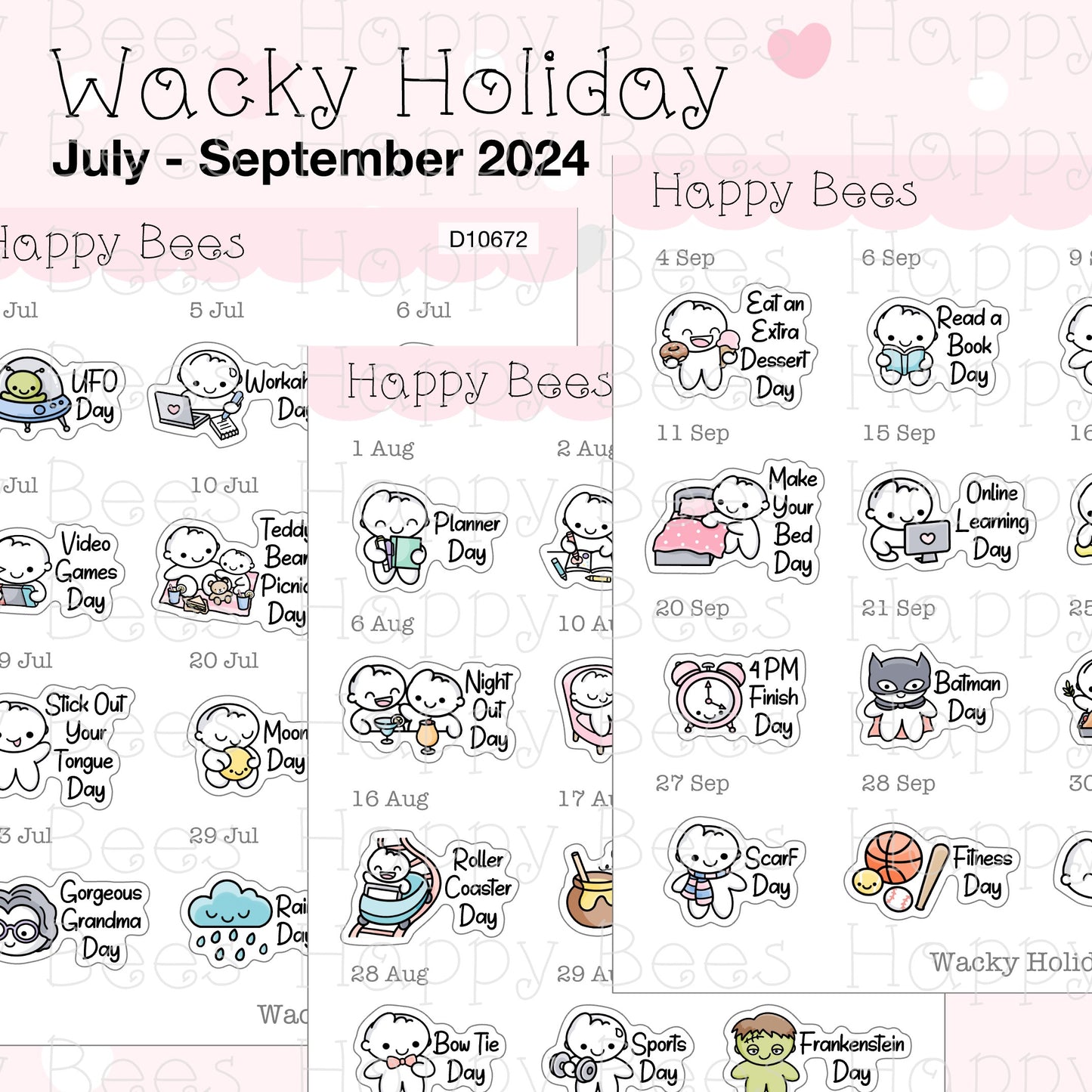 Wacky Holiday Doodles / July to September 2024 - Cute Journal Planner Stickers D10672