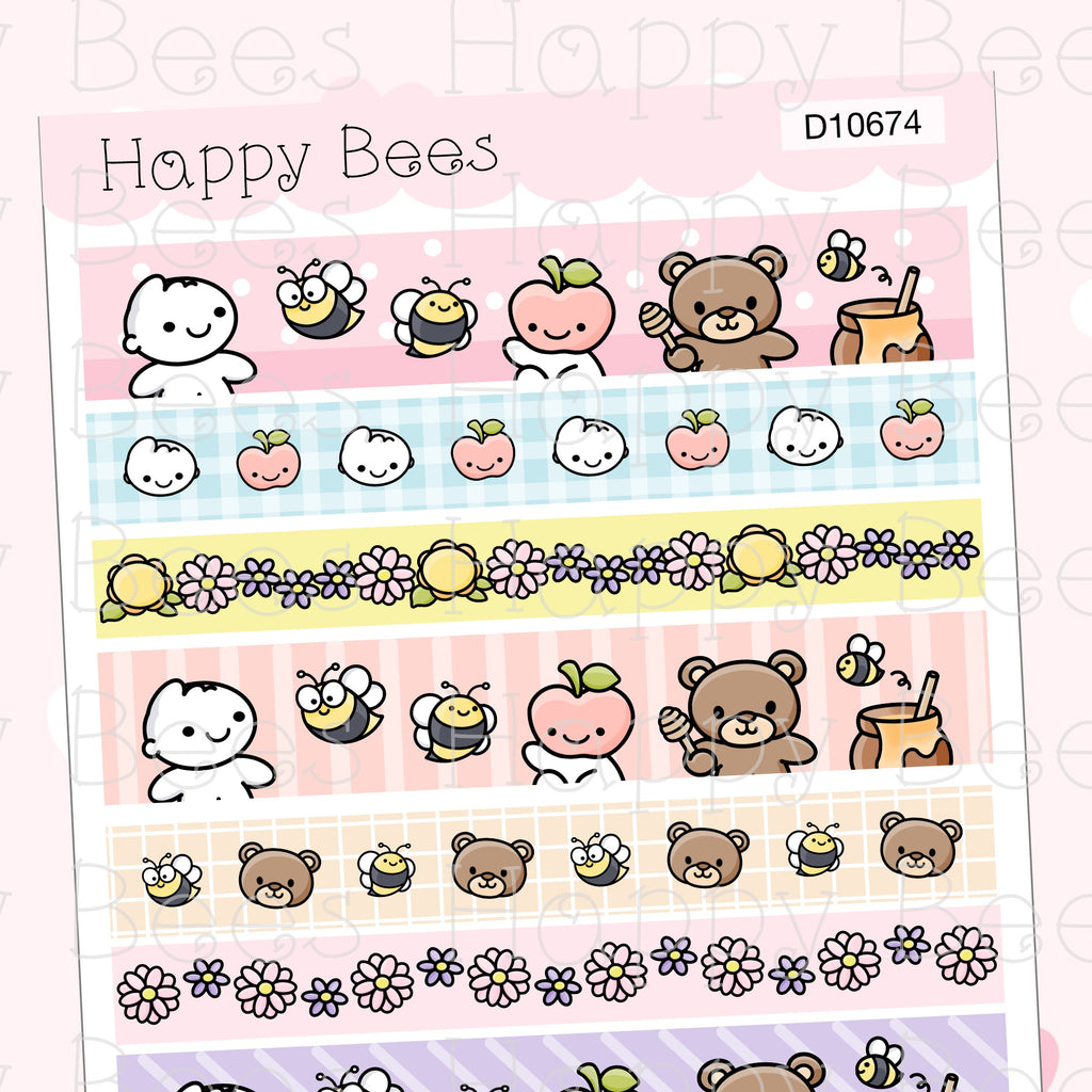 Happy Bees and Friends Washi Stripes - Cute Doodles Journal Planner Stickers D10674