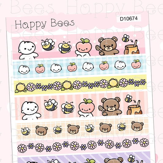 Happy Bees and Friends Washi Stripes - Cute Doodles Journal Planner Stickers D10674