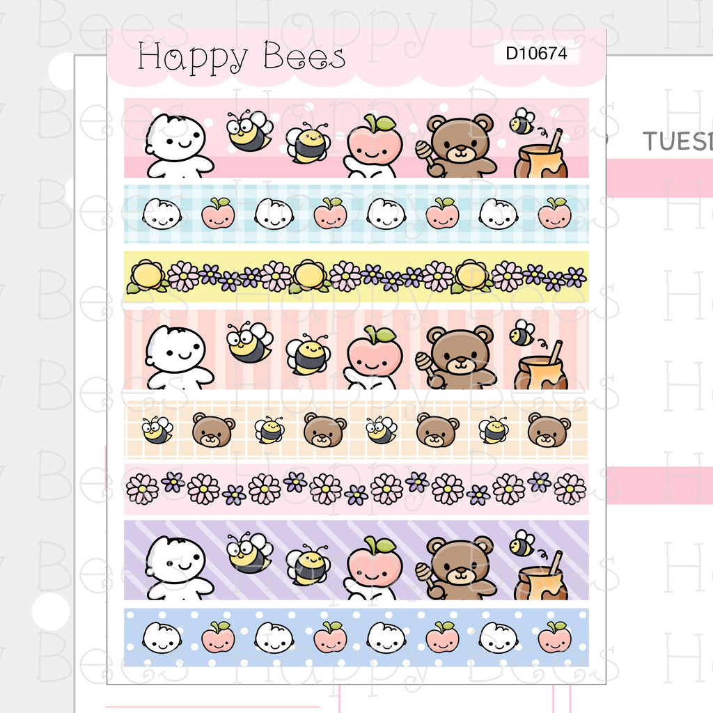 Happy Bees and Friends Washi Stripes - Cute Doodles Journal Planner Stickers D10674