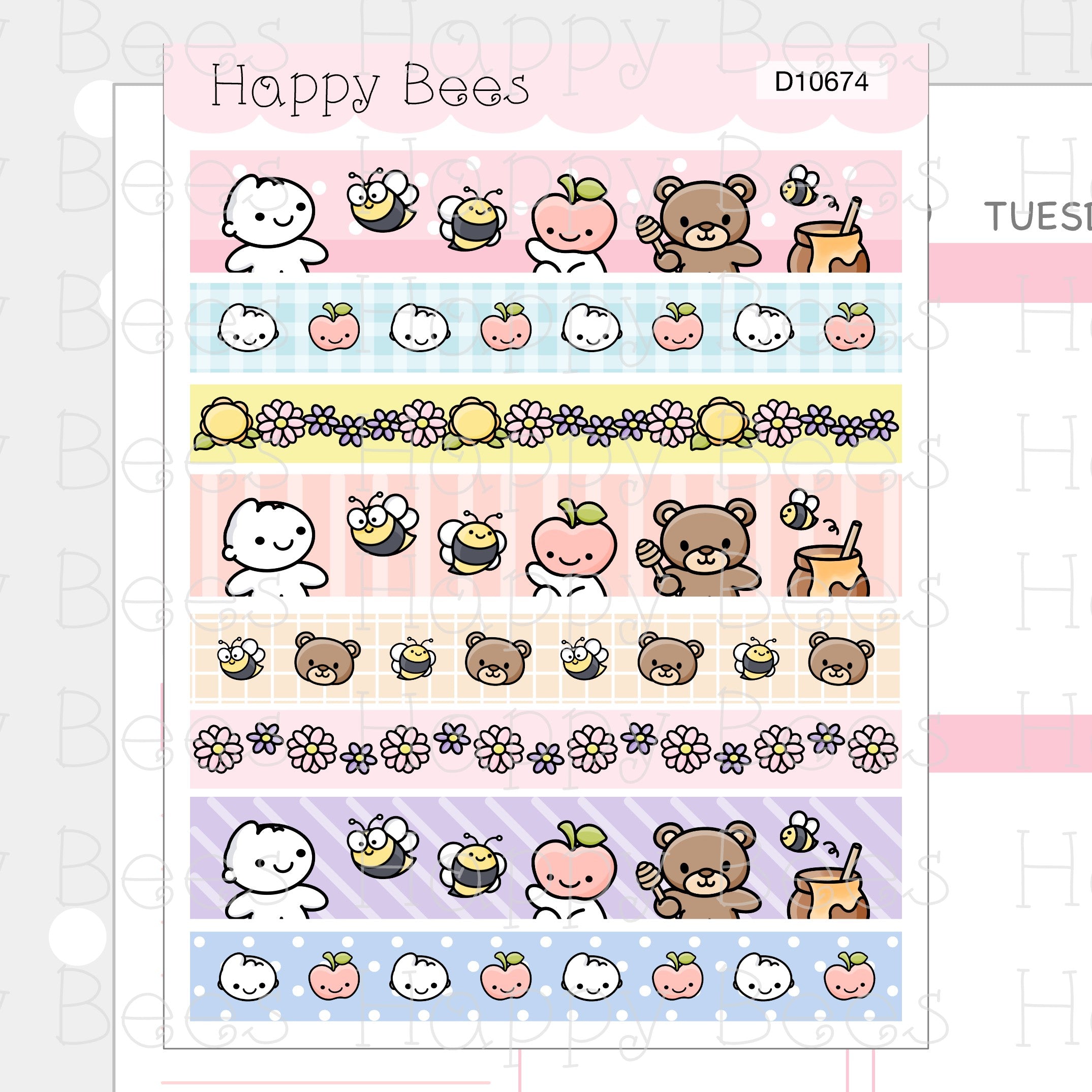 Happy Bees and Friends Washi Stripes - Cute Doodles Journal Planner Stickers D10674