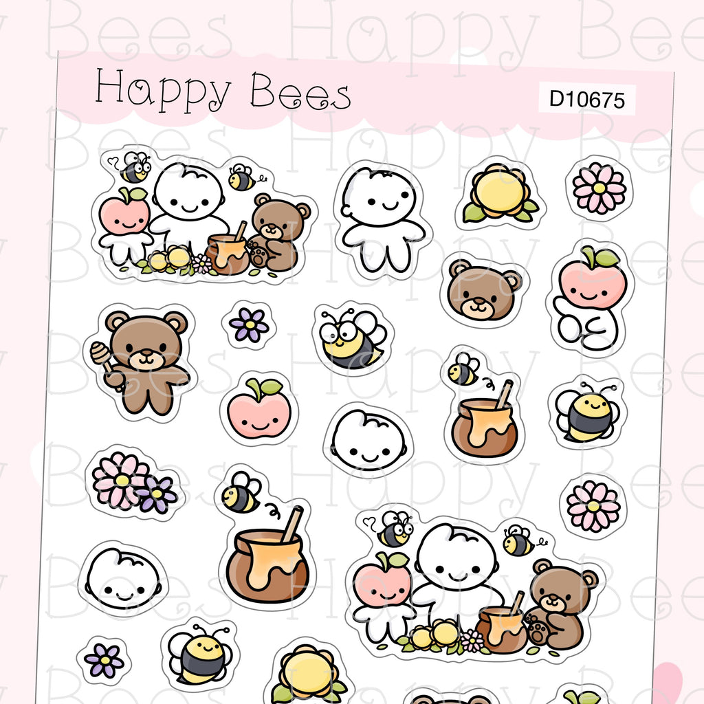 Happy Bees and Friends Deco Sheet - Cute Doodles Journal Planner Stickers D10675