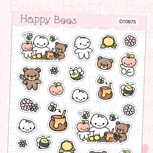 Happy Bees and Friends Deco Sheet - Cute Doodles Journal Planner Stickers D10675