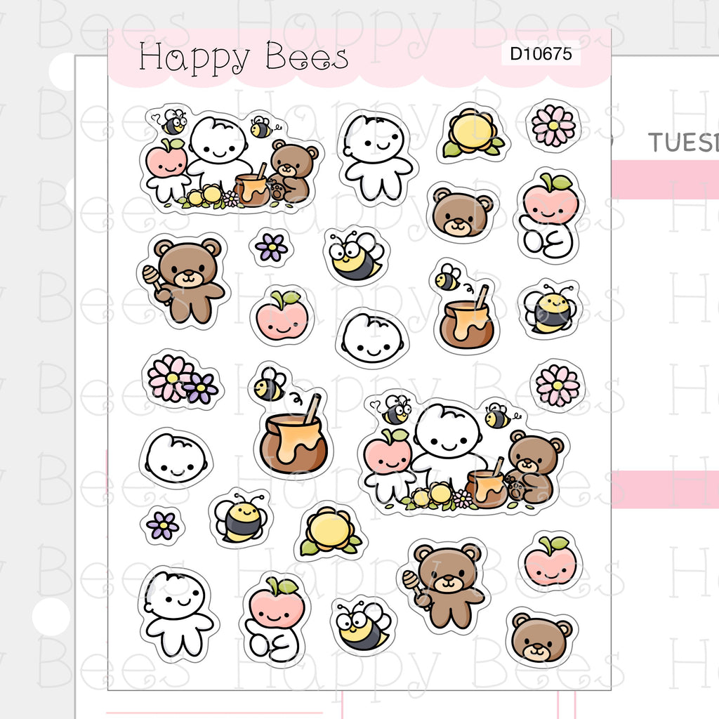 Happy Bees and Friends Deco Sheet - Cute Doodles Journal Planner Stickers D10675