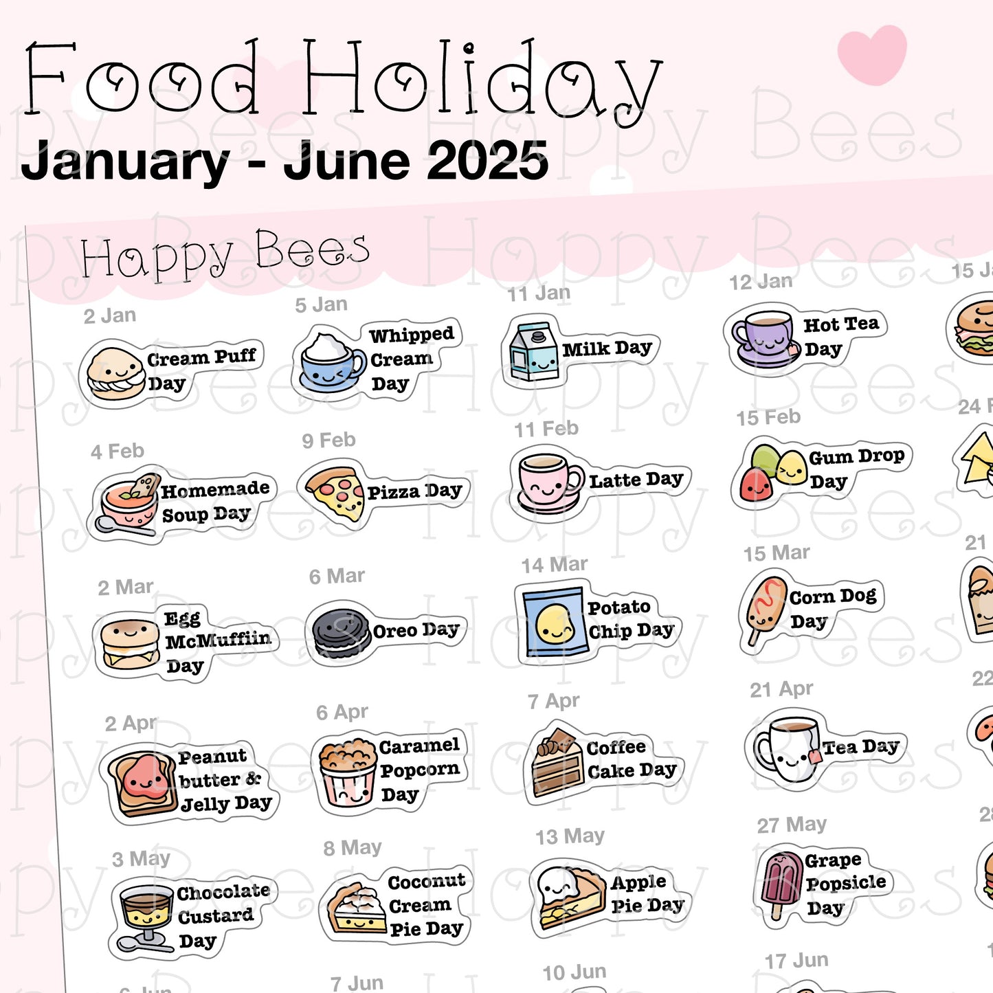 Food Holiday Doodles / January to June 2025 - Cute Festival Planner Stickers D10736