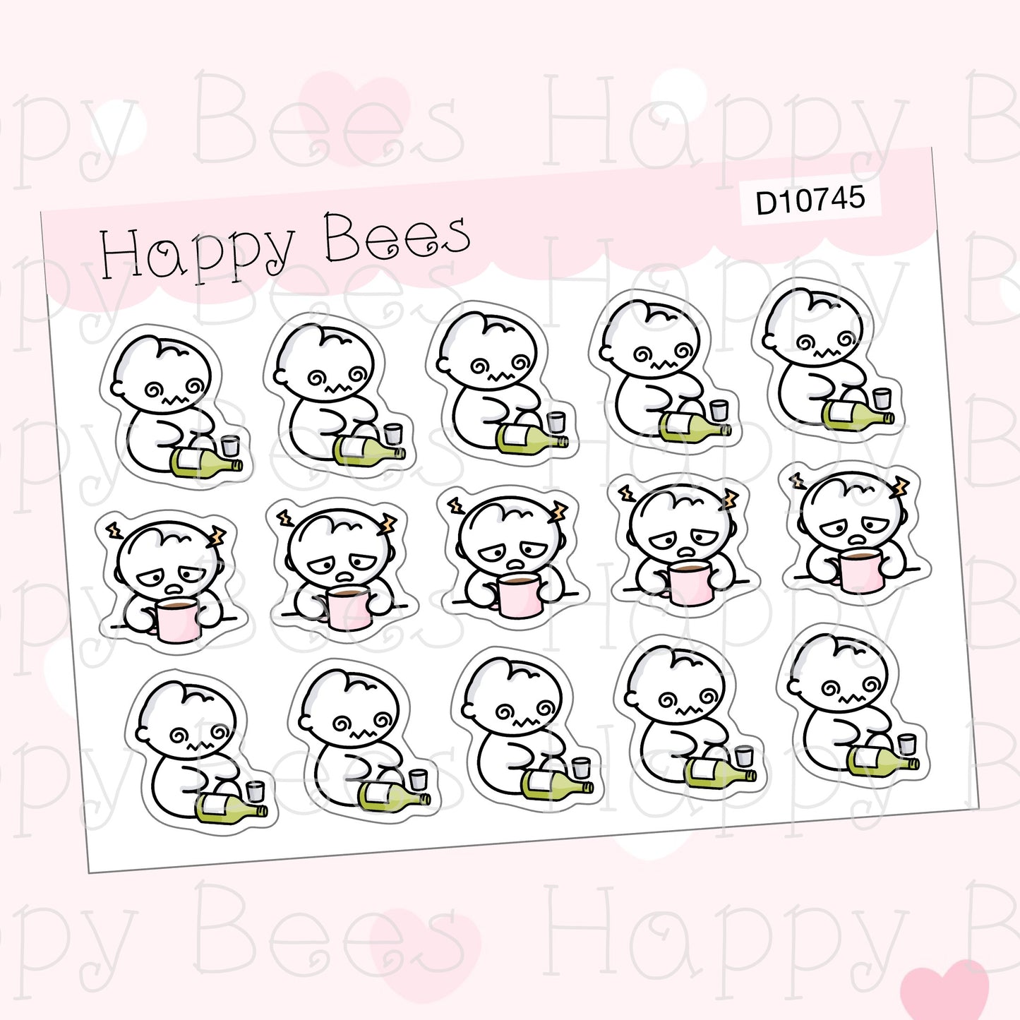 Hangover Doodles - Cute Drunk Alcohol Upset Mood Planner Stickers D10745