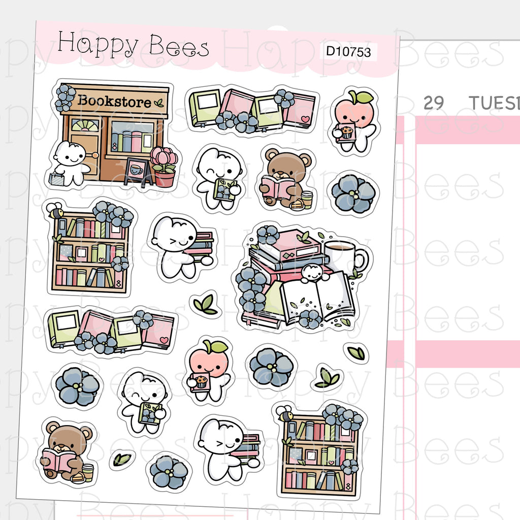 Bookstore Deco Sheet - Cute Doodles Reading Books Journal Planner Stickers D10753