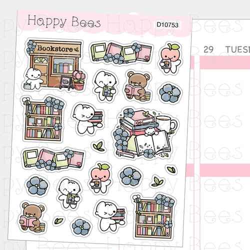 Bookstore Deco Sheet - Cute Doodles Reading Books Journal Planner Stickers D10753