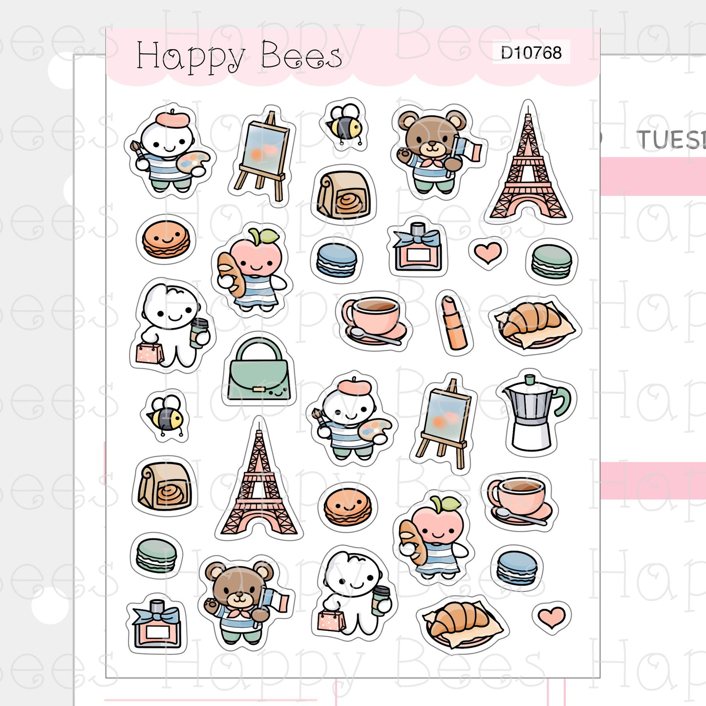 Paris Deco Sheet - Cute Doodles Journal Planner Stickers D10768