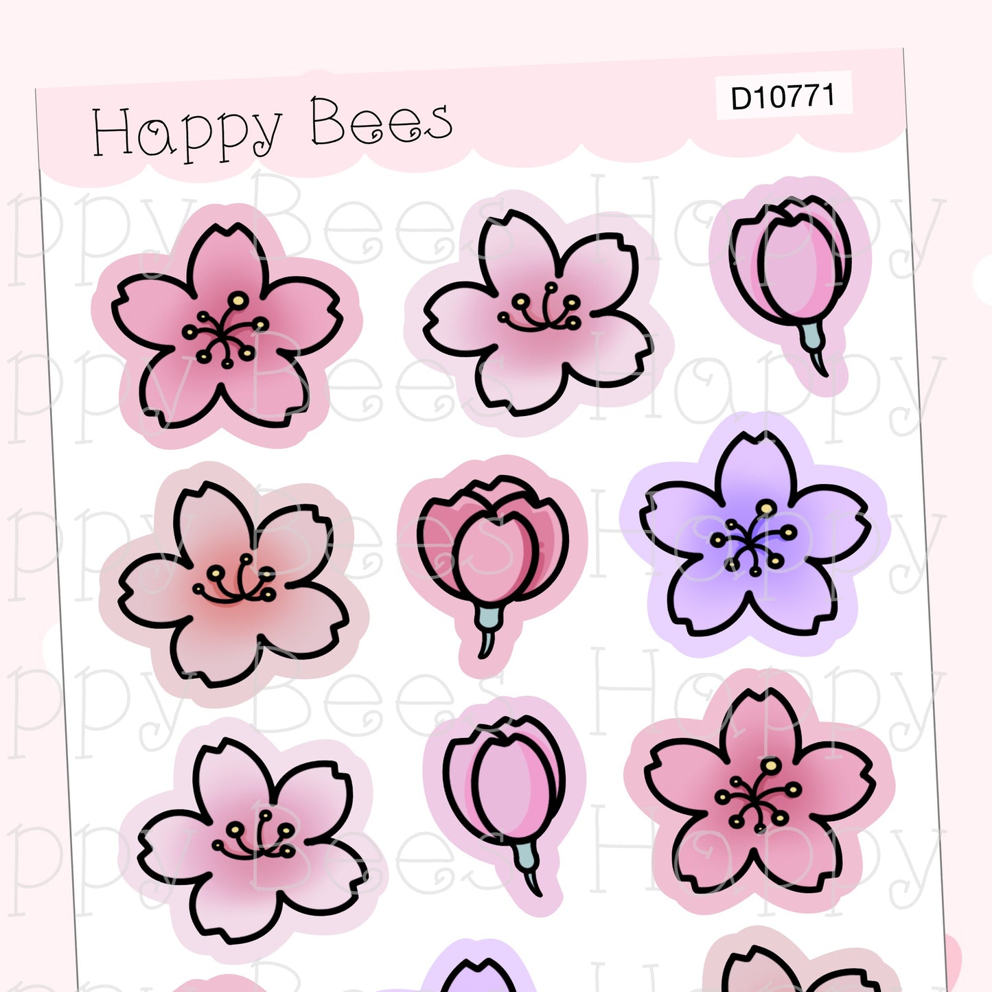 Cherry Blossom Flower Doodles - Cute Floral Journal Planner Stickers D10771